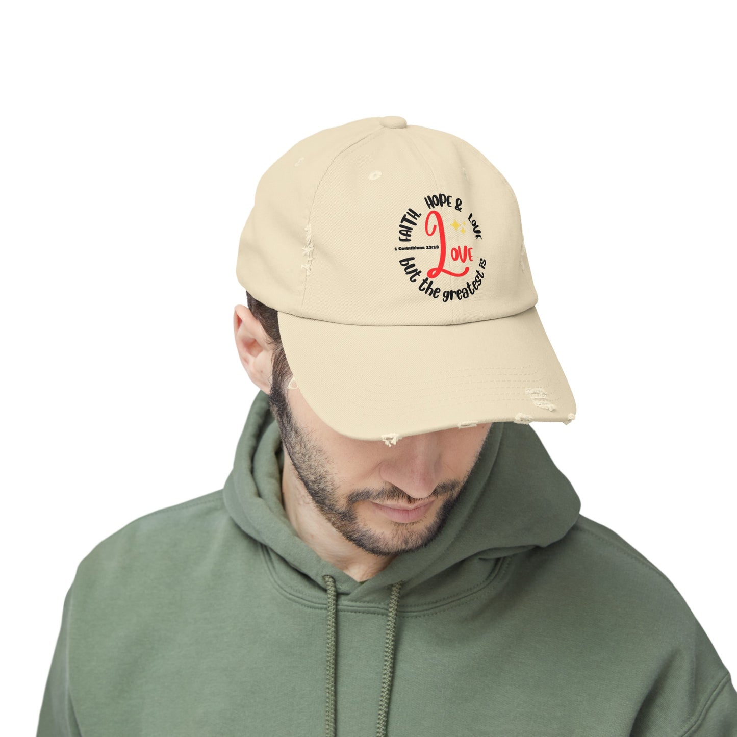 Unisex Distressed Cap, Faith Hope & Love Cap