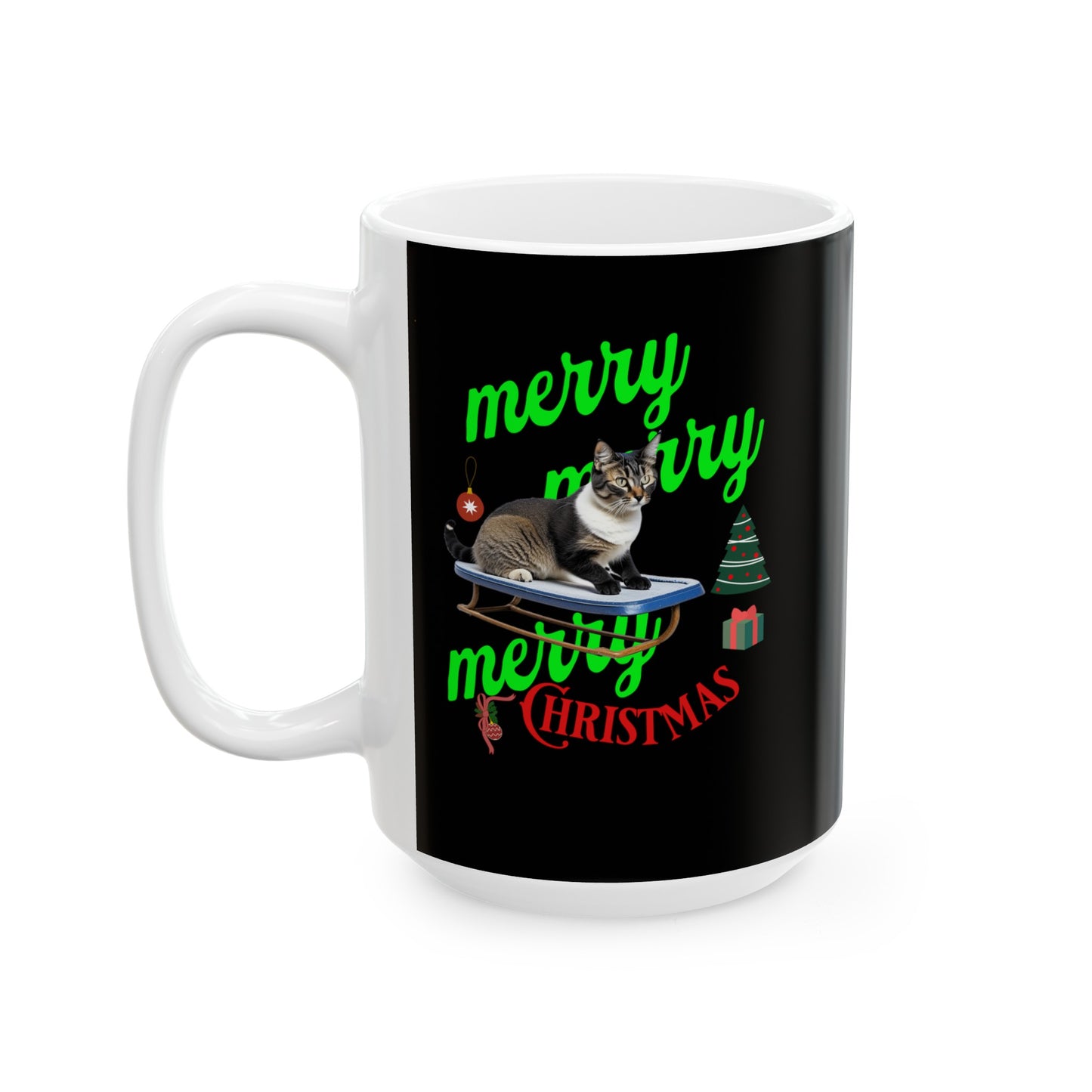 Ceramic Coffee or Tea Mug, Cat On The Sledge Merry Christmas Mug