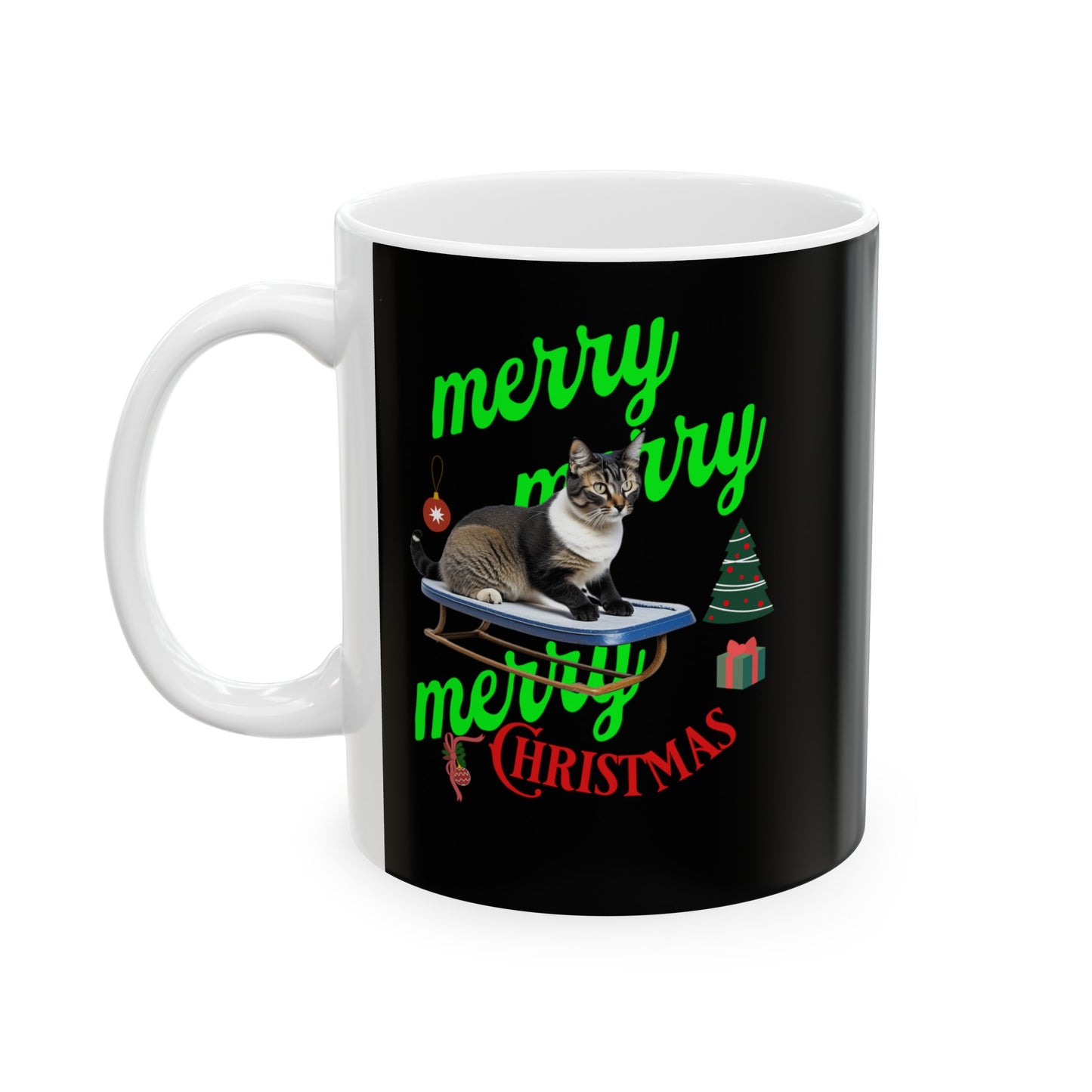 Ceramic Coffee or Tea Mug, Cat On The Sledge Merry Christmas Mug