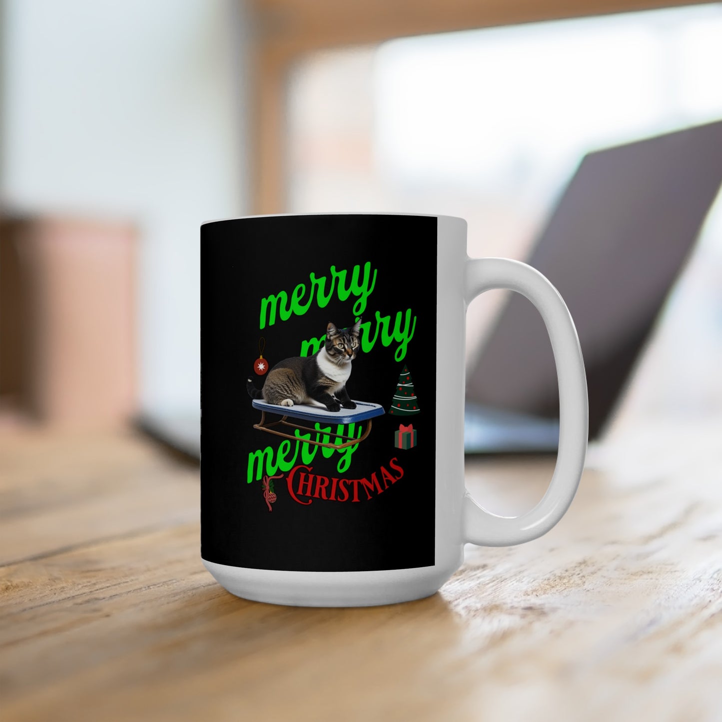 Ceramic Coffee or Tea Mug, Cat On The Sledge Merry Christmas Mug