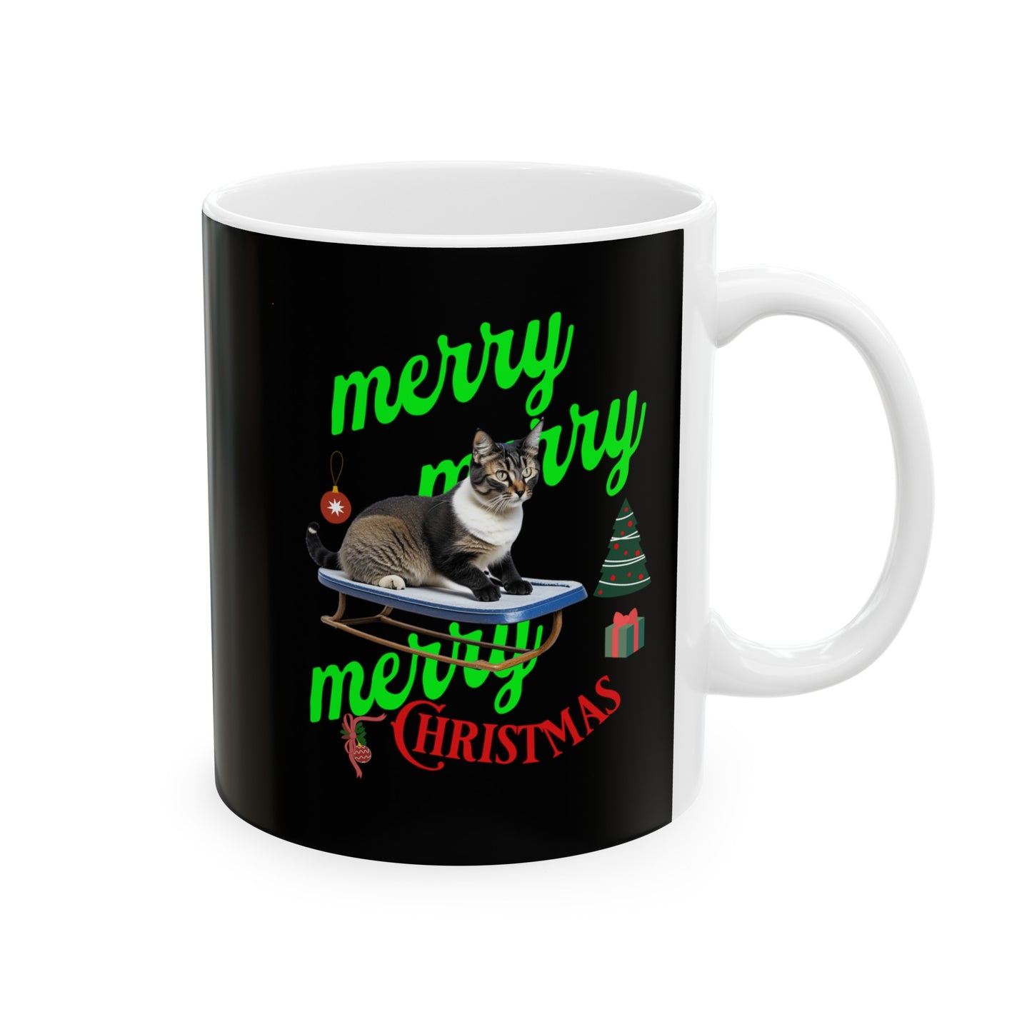 Ceramic Coffee or Tea Mug, Cat On The Sledge Merry Christmas Mug
