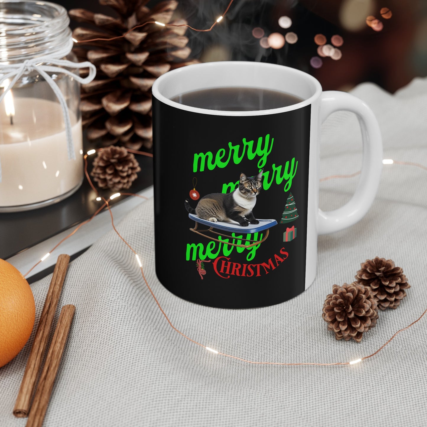 Ceramic Coffee or Tea Mug, Cat On The Sledge Merry Christmas Mug