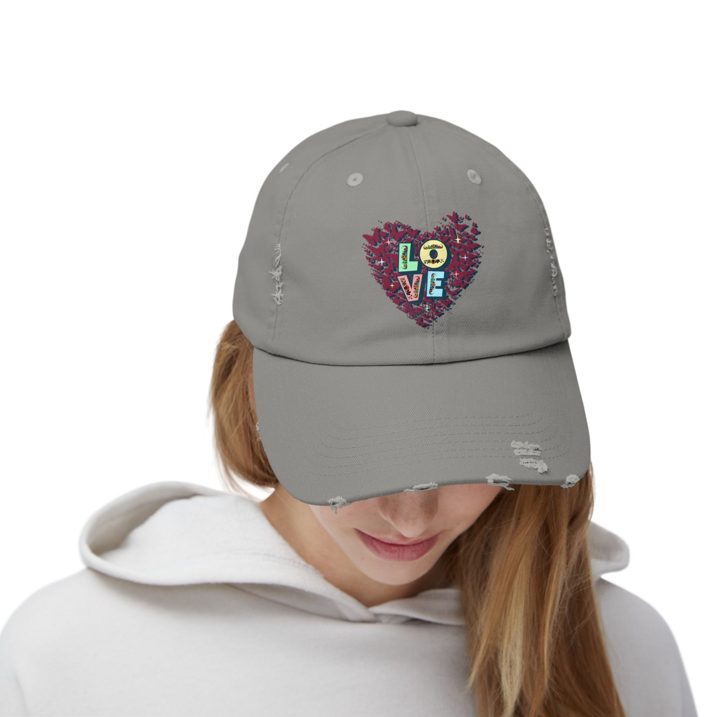 Unisex Distressed Cap, LOVE Heart Cap