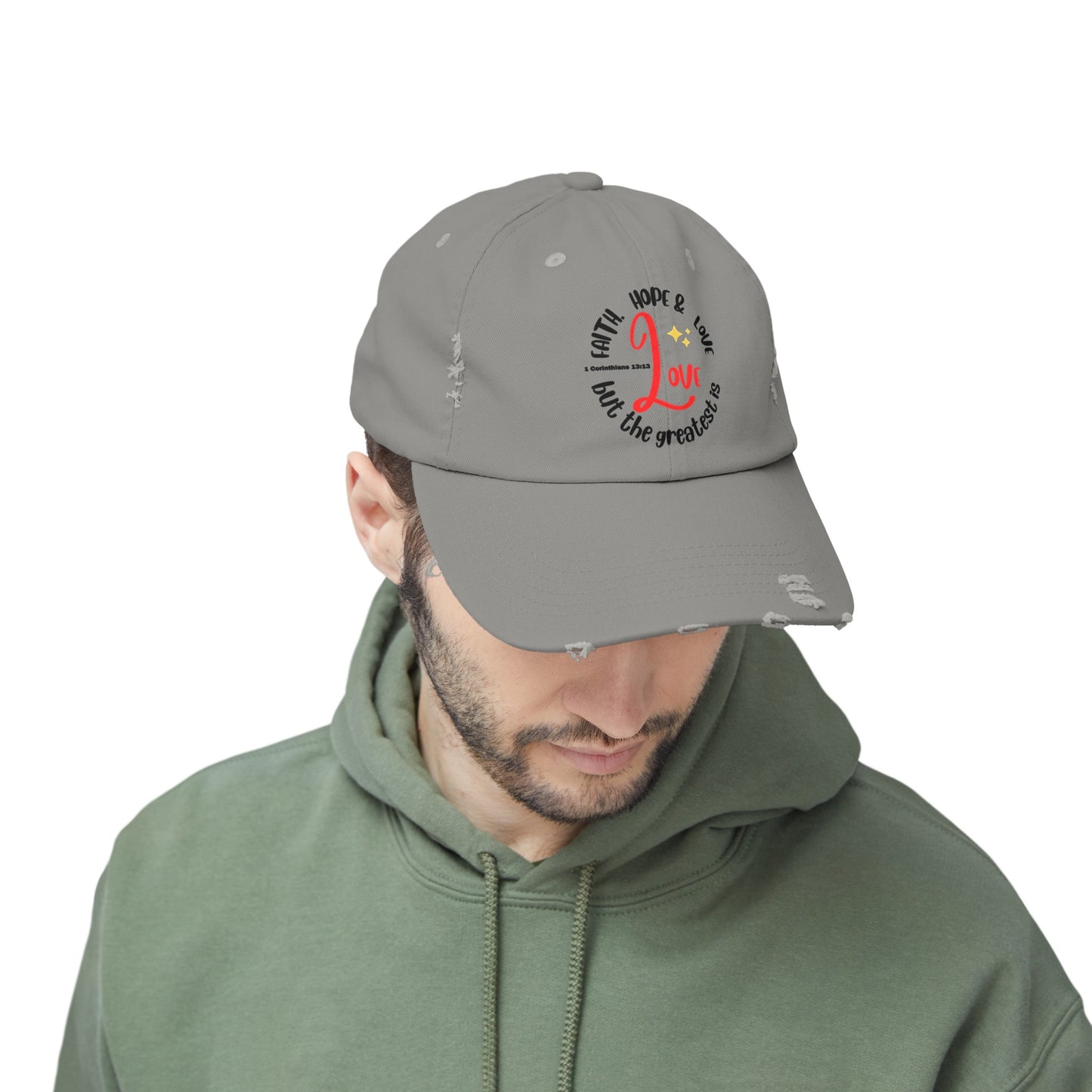Unisex Distressed Cap, Faith Hope & Love Cap