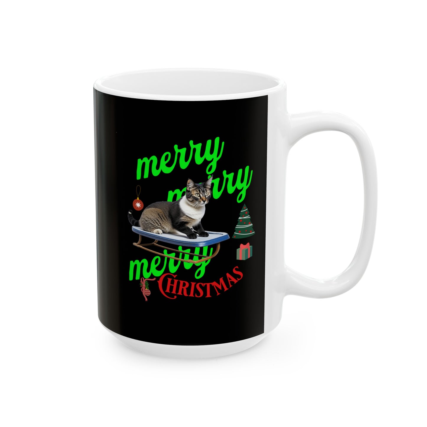Ceramic Coffee or Tea Mug, Cat On The Sledge Merry Christmas Mug