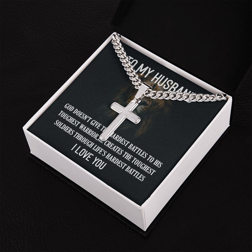 Personalized Steel Cross Necklace For My Husband on Cuban Chain w/ MC