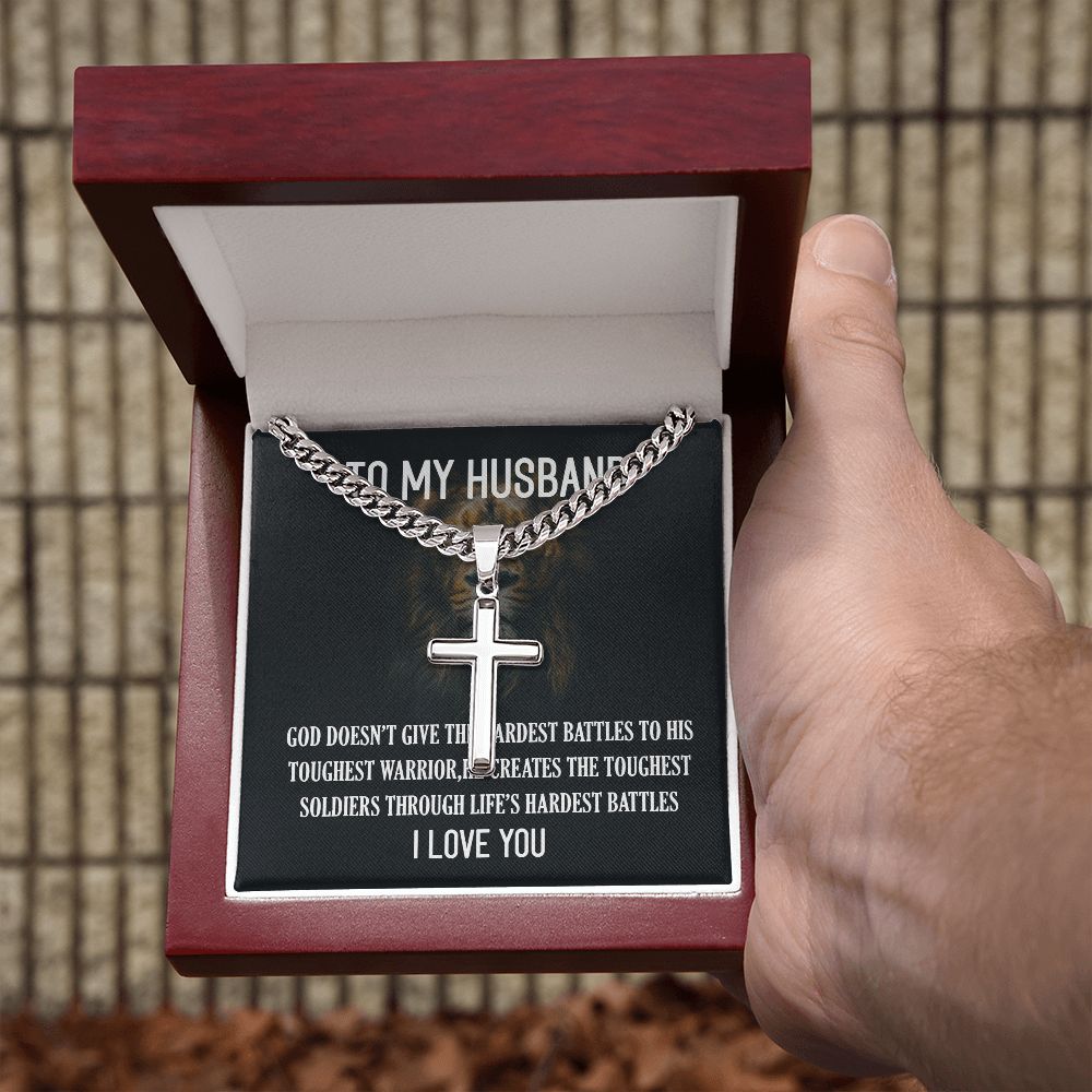 Personalized Steel Cross Necklace For My Husband on Cuban Chain w/ MC