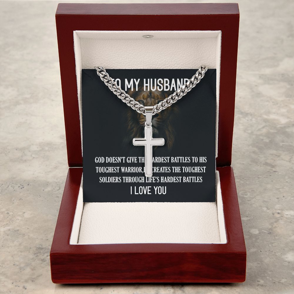 Personalized Steel Cross Necklace For My Husband on Cuban Chain w/ MC