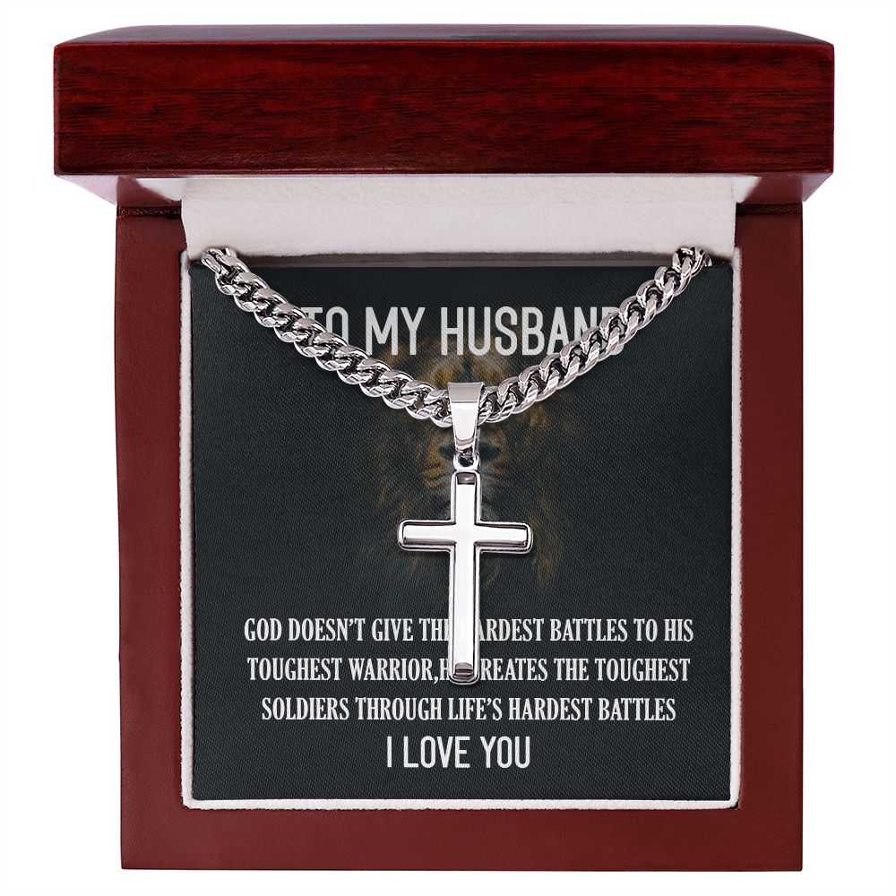 Personalized Steel Cross Necklace For My Husband on Cuban Chain w/ MC
