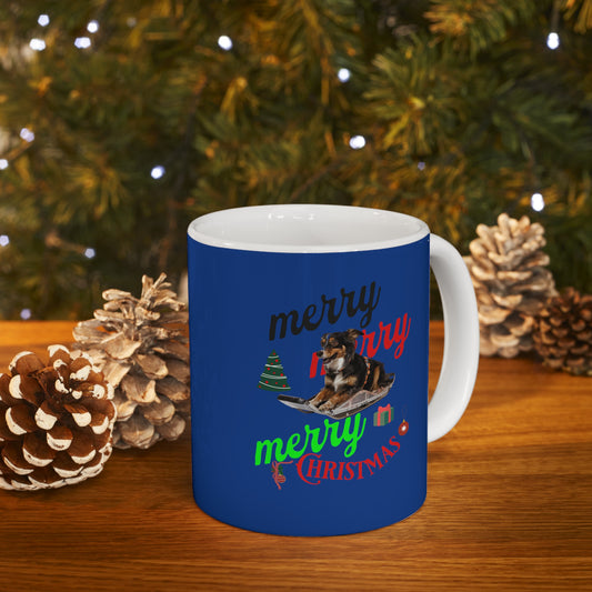 Ceramic Coffee or Tea Mug, Dog On The Sledge Merry Christmas Mug
