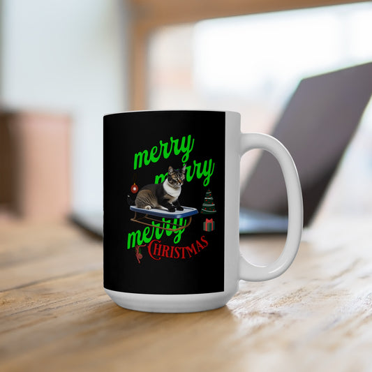 Ceramic Coffee or Tea Mug, Cat On The Sledge Merry Christmas Mug