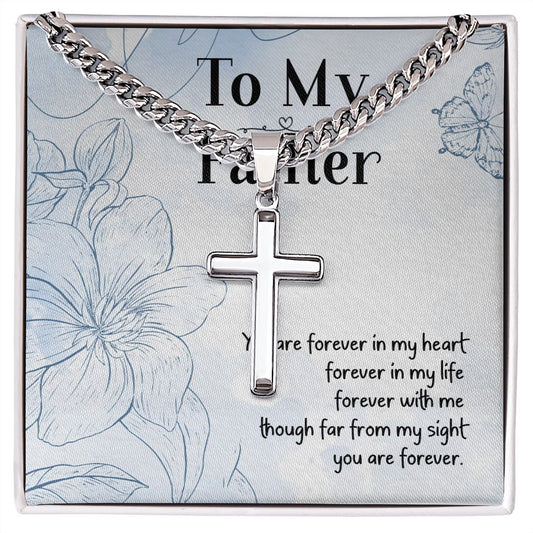 Personalized Steel Cross Necklace For my Father on Cuban Chain w/ MC