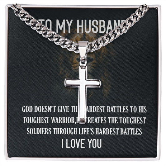 Personalized Steel Cross Necklace For My Husband on Cuban Chain w/ MC